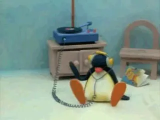 ๐ฟ 889a6629 Pingu penguin, claymation, music, headphones, vinyl, turntable telegram sticker