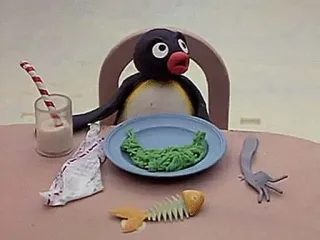 ๐ฆ 9657f8ba Pingu penguin, cartoon, pasta, fish, milk telegram sticker