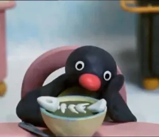 ๐ถ dd5e33fe Pingu penguin, cartoon, claymation, sad, fish, dinner telegram sticker