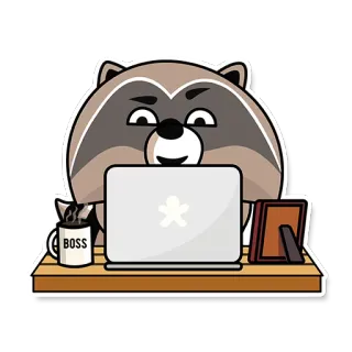🤓 6f0a1b7a BOSS アライグマ, ラップトップ, ボス, コーヒー, デスク, オフィス telegram sticker