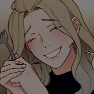 😊 3d2f96fa femme, cheveux blonds, dessin animé, dîner, fourchette, sourire telegram sticker