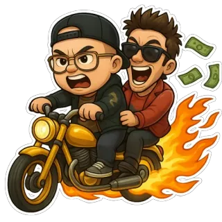 🏍 1f5963f6 moto, dessin animé, argent, flammes, lunettes de soleil, amis, balade telegram sticker