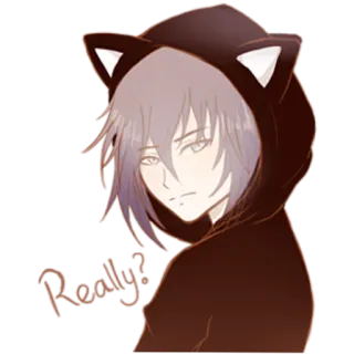 😌 66f5df33 Really? 애니메이션, 고양이 귀, 후드티, 빈정거림, 진짜, 불신, 질문 telegram sticker