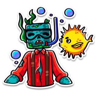 🤿 b5b468e8 zombie, snorkeling, kartun, ikan, laut, bawah air, gelembung telegram sticker