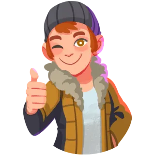 👍 f5e7017f polegar para cima, piscadela, casaco de inverno, ilustração, desenho animado, positivo whatsapp sticker