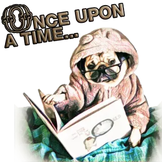 📕 6b306adc ONCE UPON A TIME... ปั๊ก, หมา, อ่านหนังสือ, หนังสือ, แว่นตา, กาลครั้งหนึ่ง, สัตว์, เรื่อง telegram sticker