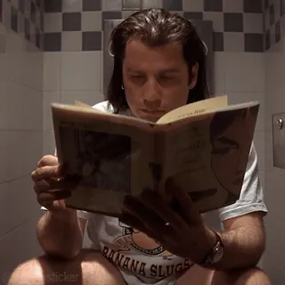 🚽 5013f3a7 Vincent Vega Pulp Fiction John Travolta, leyendo, baño, escena de película, Pulp Fiction, cuarto de baño, Vincent Vega telegram sticker