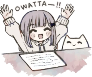 🙌 2122118a OWATTA--!! anime, kartun, gadis, kucing, senang, bersemangat, selesai whatsapp sticker