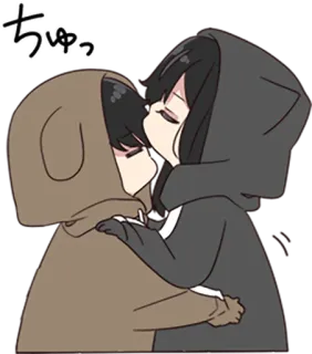 😙 2598f7d5 ちゅっ bacio, anime, chibi, carino, felpa con cappuccio, abbraccio, affetto telegram sticker
