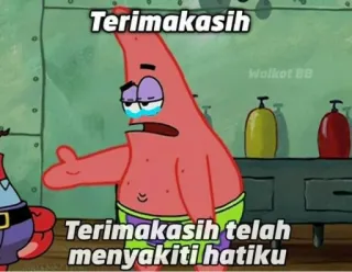 👍 201d8cc5 Patrick Star Spongebob Squarepants Terimakasih
Terimakasih telah menyakiti hatiku 谢谢, 海绵宝宝, 派大星, 难过, 表情包, 卡通 telegram sticker