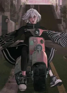 😐 546b806c Anime, Scooter, Meisje, Straat, Stad, Brommer, Kunst, Illustratie telegram sticker