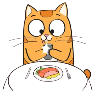 🐱 46e2d30d 猫, 晚餐, 餐厅, 食物, 三文鱼, 卡通 whatsapp sticker
