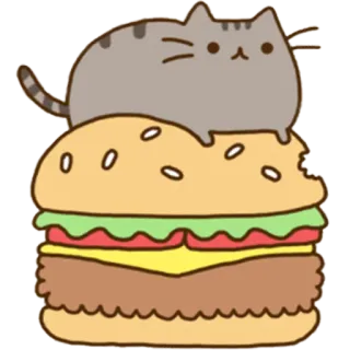 🍔 2779e523 Pusheen 고양이, Pusheen, 만화, 스티커, 귀여운, 햄버거, 음식, 버거 telegram sticker