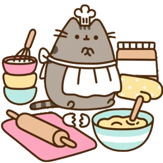 🍴 7468f276 Pusheen 고양이, 베이킹, 음식, 귀여운, 만화, 요리사, 디저트 telegram sticker