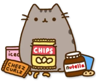 🍴 e10e23c7 Pusheen CHIPS, CHEEZ CURLZ, Nutella gato, desenho animado, comida, lanche, batatas fritas, nutella, cheez curlz telegram sticker