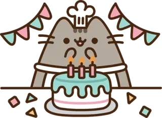 🎂 3b6894fc Pusheen แมว, เค้ก, อบ, วันเกิด, ฉลอง, น่ารัก whatsapp sticker