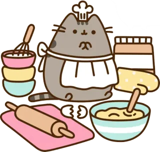 👨‍🍳 40c32ba2 Pusheen แมว, เบเกอรี่, พุชชีน, อาหาร, ทำอาหาร, ของหวาน, น่ารัก whatsapp sticker
