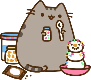 🍨 6a01642e Pusheen แมว, ทำขนม, ตุ๊กตาหิมะ, น่ารัก, ของหวาน, เกล็ดน้ำตาล whatsapp sticker