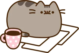 💼 84f566d5 Pusheen แมว, พุชชีน, คาวาอิ, น่ารัก, กาแฟ, สติกเกอร์, การ์ตูน whatsapp sticker