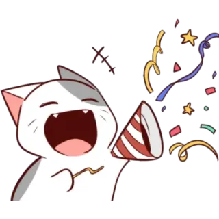 🥳 0b7f2261 猫, 庆祝, 派对, 彩带, 开心, 动物, 卡通 telegram sticker