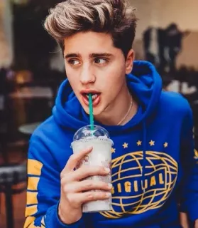 🥤 1ebc7842 ORIGINAL Adolescente, Garoto, Bebendo, Moletom azul com capuz, Jovem adulto, Casual telegram sticker