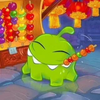 🍡 726a3d58 Om Nom Cut the Rope om nom, cut the rope, bonbon, mignon, dessin animé, monstre vert, jeu telegram sticker