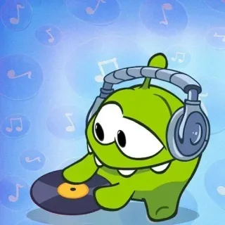 🎧 968b404e Om Nom Cut the Rope Om Nom, Cut the Rope, dessin animé, DJ, musique, casque, vert, vinyle telegram sticker