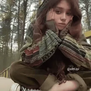 🎈 4203c464 @sRtUpi donna, felpa con cappuccio, foresta, ritratto, seduta, ragazza telegram sticker