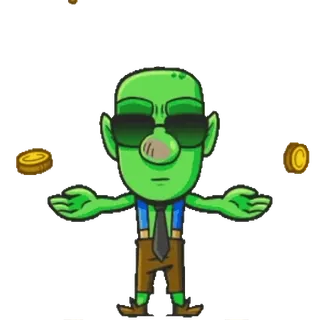 🤩 7f8fd940 Cartoon, Goblin, Groen, Zonnebril, Geld, Munt, Stropdas telegram sticker