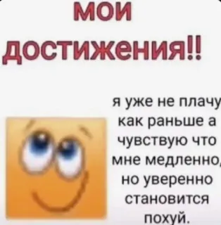 😊 bd4133a7 мои
достижения!!
я уже не плачу
как раньше а
чувствую что
мне медленно,
но уверенно
становится
похуй. достижения, чувство, эмоциональный, русский, текст, выражение telegram sticker