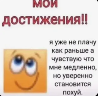 🙂 c0f083c6 МОИ
достижения!!
я уже не плачу
как раньше а
чувствую что
мне медленно,
но уверенно
становится
похуй. эмодзи, текст, русский, достижения, позитив telegram sticker