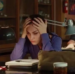 😵‍💫 097ee233 wanita, stres, belajar, meja, khawatir, kepala di tangan, lelah telegram sticker