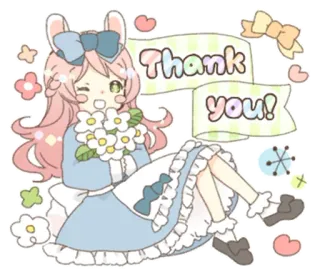 🐰 29cf293a Thank you! спасибо, милый, аниме, девушка, каваий, цветы, кролик whatsapp sticker