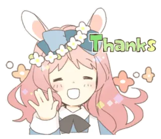 🐰 52d1bcdb Thanks спасибо, милый, аниме девушка, кролик, венок из цветов, мультфильм whatsapp sticker