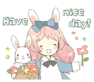 🐰 d154aaaa Have nice day! зайчик, милый, девушка, хорошего дня, цветок, мультфильм whatsapp sticker
