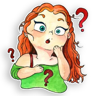 😯 9ddd5be9 signo de interrogación, mujer, confundida, curiosa, pelirroja, pegatina, dibujos animados telegram sticker