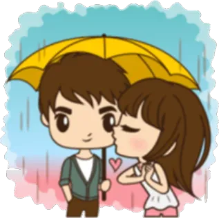 💦 3b197969 Kreskówka, Para, Miłość, Pocałunek, Parasol, Deszcz telegram sticker