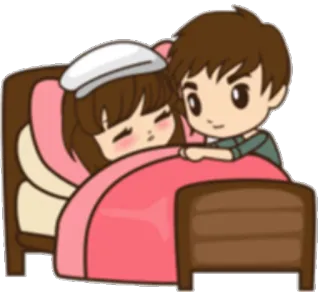 😪 5798b4d8 kreskówka, para, łóżko, chory, choroba, miłość, opieka, kobieta, mężczyzna telegram sticker