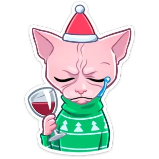🍷 1049f183 고양이, 스핑크스 고양이, 산타 모자, 크리스마스, 와인, 음주, 파티 telegram sticker