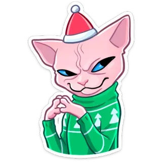 ☺️ 58fc00b3 고양이, 크리스마스, 산타 모자, 스웨터, 스핑크스 고양이, 만화, 스티커 telegram sticker