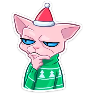 🤔 9426061f 고양이, 스핑크스 고양이, 크리스마스, 산타 모자, 스웨터, 생각, 귀여운, 동물 telegram sticker