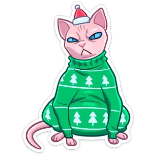 ☹️ b272f903 고양이, 크리스마스, 산타 모자, 스웨터, 스핑크스 고양이, 심술궂은, 축제 telegram sticker
