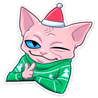 😉 fabeeba0 고양이, 스핑크스, 크리스마스, 산타 모자, 윙크, 스웨터, 휴일, 만화 telegram sticker
