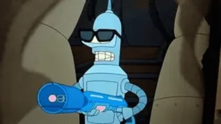🔫 307b6d52 Bender Futurama หุ่นยนต์, การ์ตูน, ฟิวเจอร์ราม่า, เบนเดอร์, แว่นกันแดด, ปืน telegram sticker