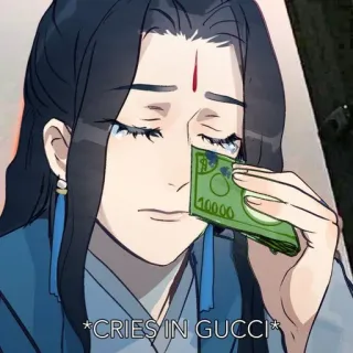 ➖ 3e1d618a *CRIES IN GUCCI* 泣く, お金, 悲しい, ファッション, 高級, ミーム telegram sticker