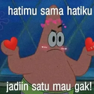 🥵 46f50a55 Patrick Star Spongebob Squarepants hatimu sama hatiku
jadiin satu mau gak! patrick star, spongebob, liefde, harten, cartoon, grappig telegram sticker