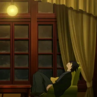 🍡 657f7937 Anime, Mann, Stuhl, Innenraum, Fenster telegram sticker