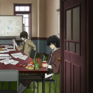 🔍 822fdf9b Anime, Büro, Tisch, Charaktere, Mittagessen telegram sticker