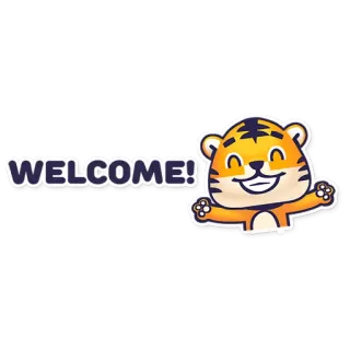 😄 874949f0 WELCOME! welkom, tijger, schattig, groet, cartoon, dier telegram sticker