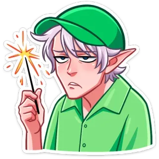 😂 67327c90 精灵, 烟花棒, 角色, 绿色, 帽子, 耳朵 telegram sticker